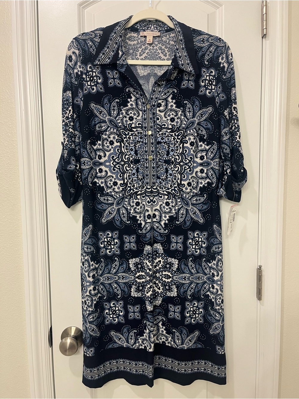 dressbarn Navy and White Paisley Print Dress Collar and Buttons Western Sz 10